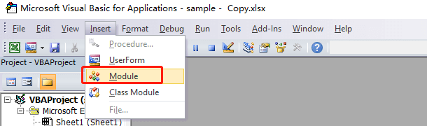 Select “Module” in the “Insert” drop-down menu