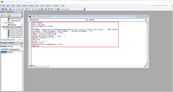 Copy and paste the VBA code into the “Module” window