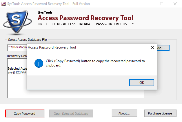 Copy the recovered password to the clipboard.