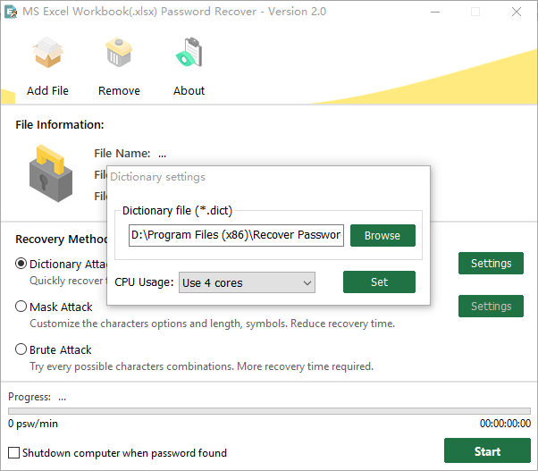 Choose “Dictionary Attack” to recover the Excel open password
