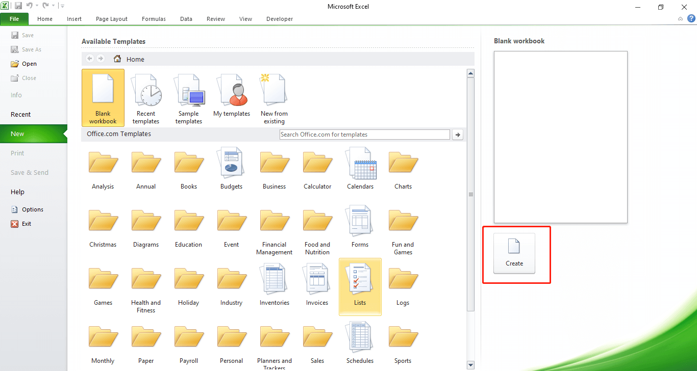 Click on “Create” to open a blank workbook in MS Excel