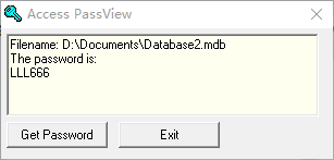 The password for the .mdb file is revealed in the window of Access PassView