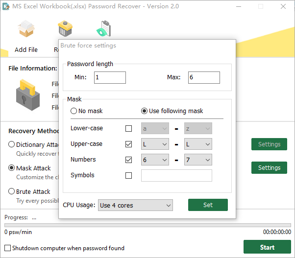 Choose “Mask Attack” to recover the Excel open password